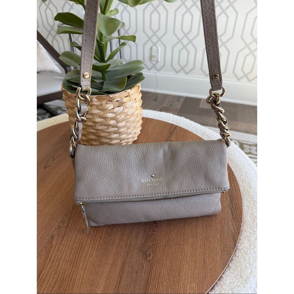 Kate Spade genuine leather taupe foldover crossbody shoulder purse bag neutral